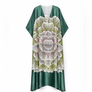 Zara Oversized Floral Kaftan Dress Satin Green Statement Print SZ M